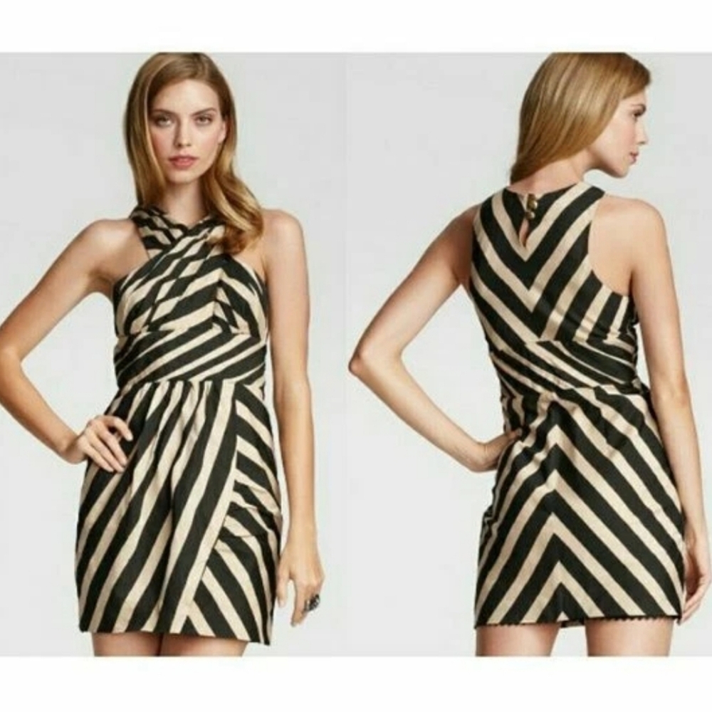 Leifsdottir Anthropologie Striped Black and Beige Halter Cotton Silk Blend Dress